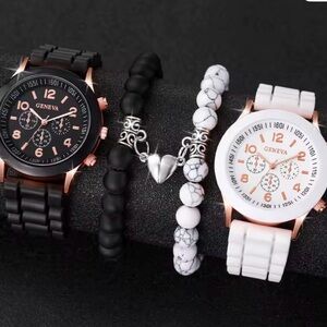 Geneva Black and White Watch Set with Rose Gold Accents